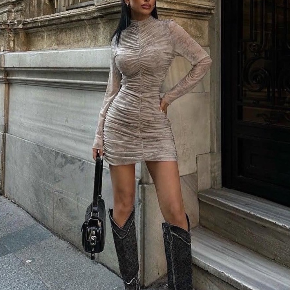 Zara Draped Tulle Long Sleeve Mini Dress